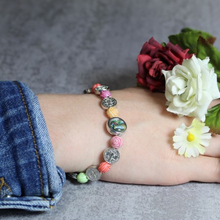 Bracelet with multicoloured beads and Saint Benedict medal