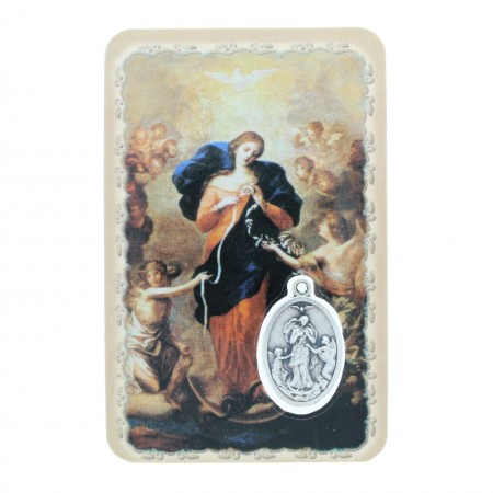 Mary Undoer of Knots Prayer card with a medal