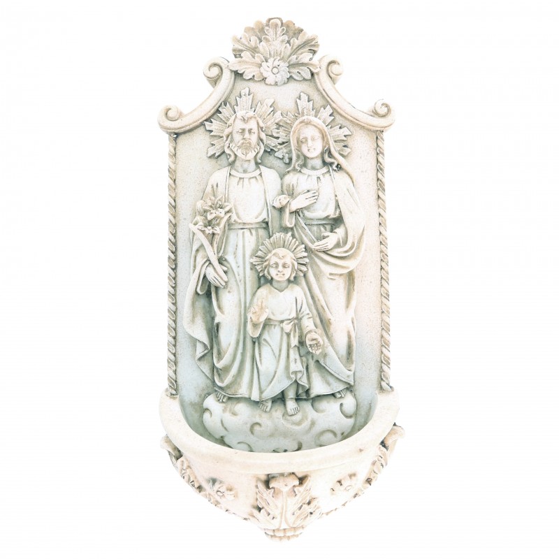 Acquasantiera bianca della Sacra Famiglia 21 cm in pietra e resina