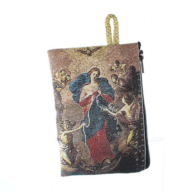 Cofanetto per rosario in filo dorato 10x7 cm decorato con Maria che scioglie i nodi