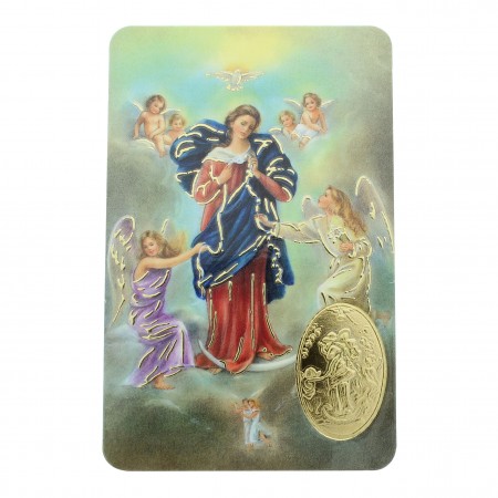 Carte de prière Marie qui défait les noeuds avec médaille