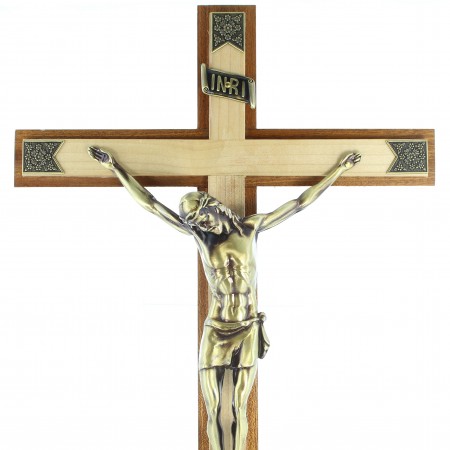 Croix en bois bi-colore avec Christ couleur bronze 45cm