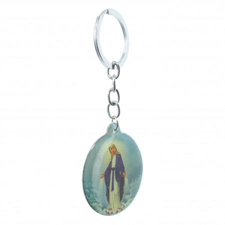 Round key ring of the Miraculous Virgin in coloured resin