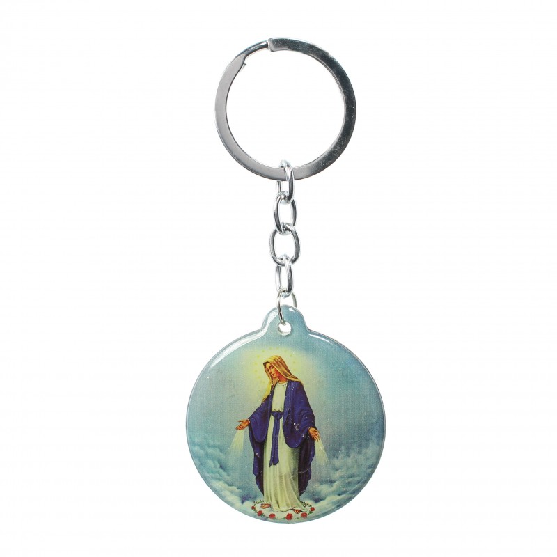 Round key ring of the Miraculous Virgin in coloured resin