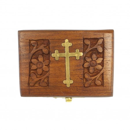 Scatola del rosario in legno con croce in ottone 8cm