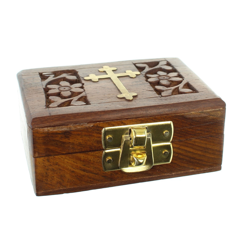 Wooden rosary box with brass cross