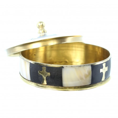 Round rosary box in mother-of-pearl and brass