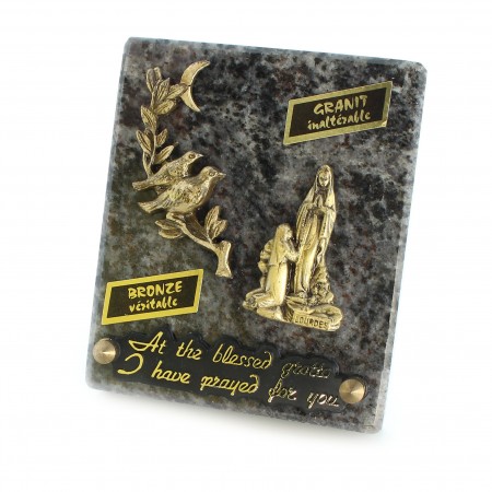 Plaque funéraire en granit de l'Apparition de Lourdes, fleurs, oiseaux et lune de 12x10cm