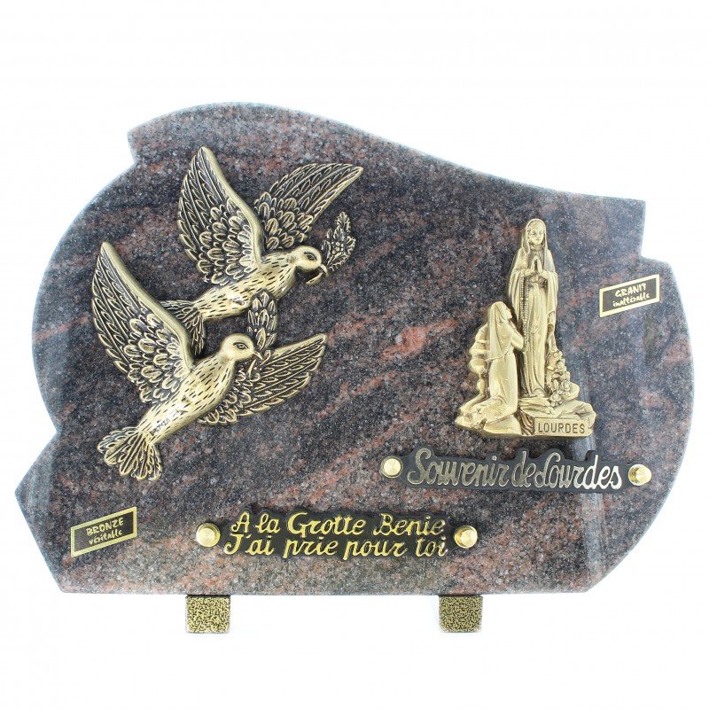 Plaque funéraire de l'Apparition de Lourdes en bronze et granit 35x25cm