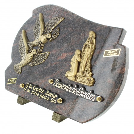 Plaque funéraire de l'Apparition de Lourdes en bronze et granit 35x25cm