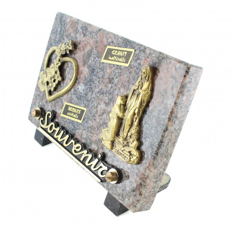 Targa funeraria dell'Apparizione e del cuore in bronzo e granito, 18x12 cm
