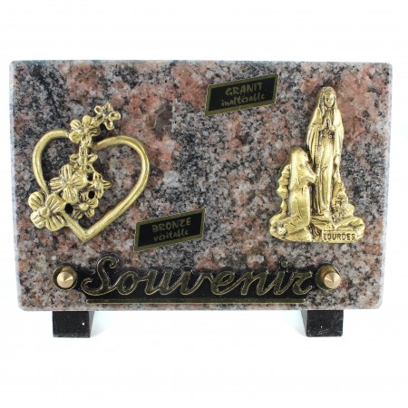 Targa funeraria dell'Apparizione e del cuore in bronzo e granito, 18x12 cm