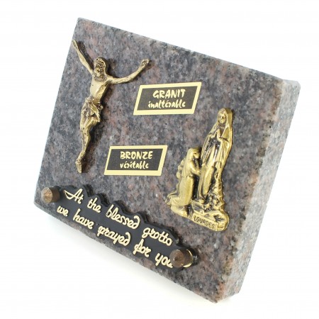 Plaque funéraire de l'Apparition et du Christ crucifié en bronze et granit 12x10cm
