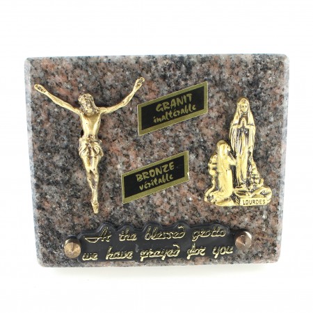 Targa funeraria dell'Apparizione e del Cristo crocifisso in bronzo e granito 12x10cm