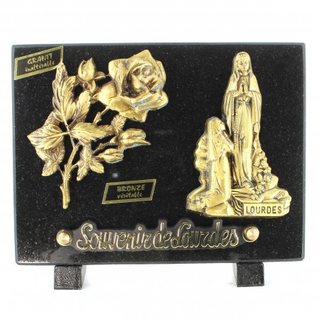 Plaque funéraire de l'Apparition avec une rose en bronze et granit 20x15cm