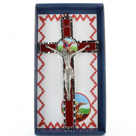 Croce di San Michele in metallo e sfondo rosso