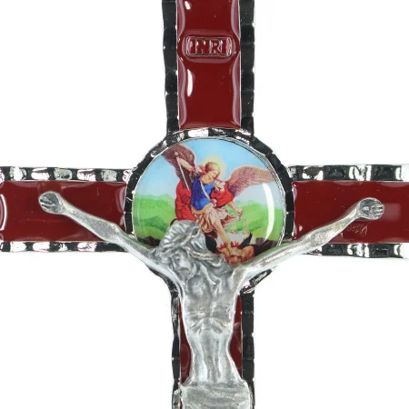 Cross of Saint Michael in metal and red background