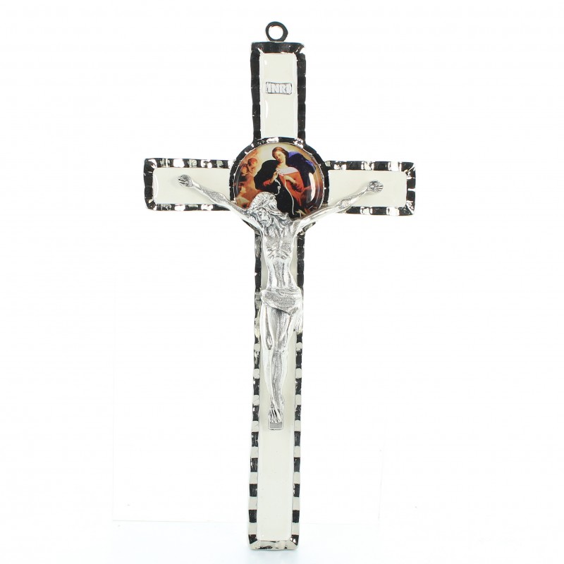 Croix Marie qui Défait les Noeuds en métal et fond blanc 10x18cm