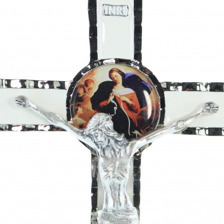 Croix Marie qui Défait les Noeuds en métal et fond blanc 10x18cm