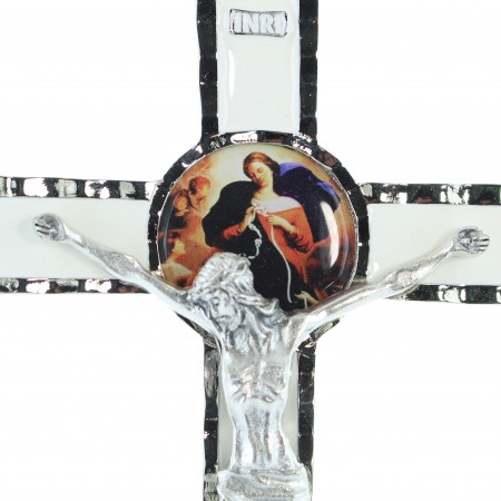 Cross of Mary who Unties Knots in metal and white background
