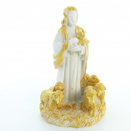 10cm white and gold statue of Jesus the Shepherd