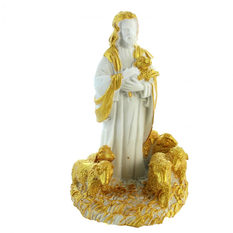 Statua di Gesù Pastore da 10 cm in bianco e oro