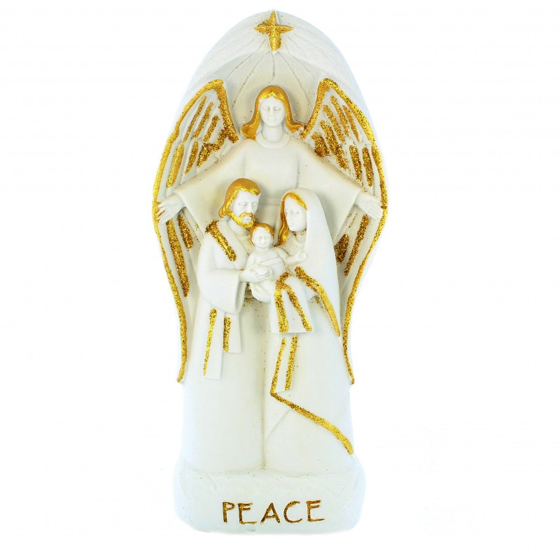 Statue blanche et dorée de la Sainte Famille et un ange