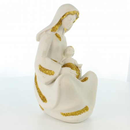 Statue de la Vierge à l'enfant blanche et doré pailleté de 13cm