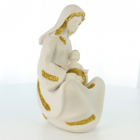 Statue de la Vierge à l'enfant blanche et doré pailleté de 13cm