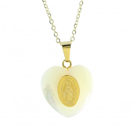 Parure avec pendentif médaille Miraculeuse sur coeur nacré 20mm et chaîne dorée