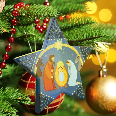 Decorazione per albero di Natale della Sacra Famiglia in legno blu