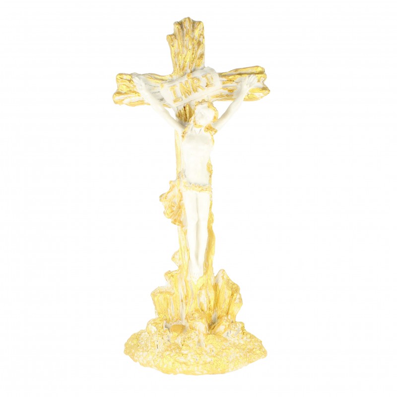 Crucifix en résine blanche et paillettes dorées 17cm
