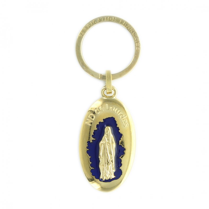 Porte-clés doré Notre Dame de Lourdes et Saint Christophe