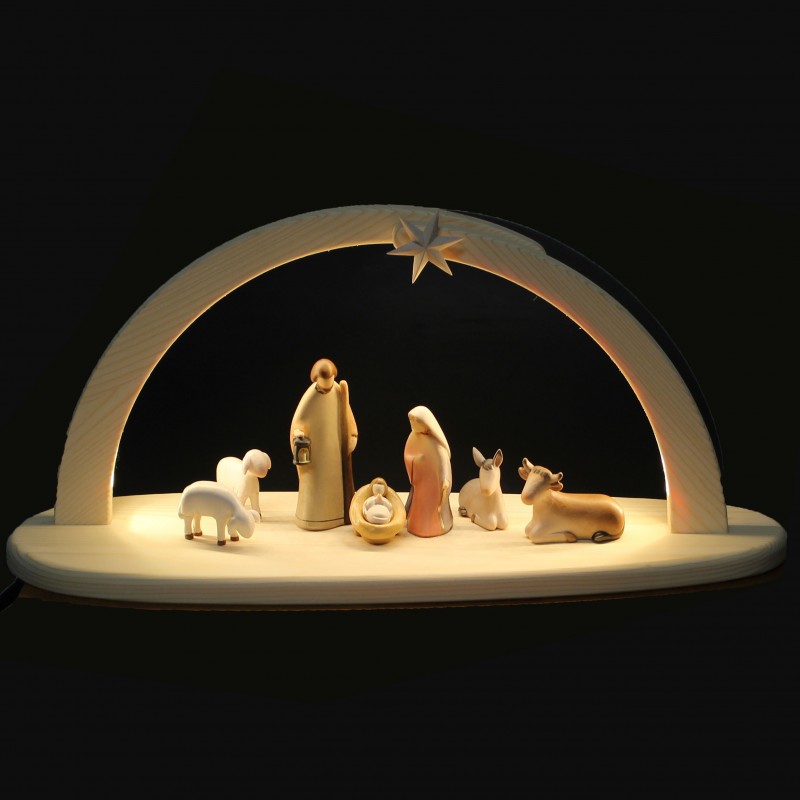 Wooden Nativity Scene, 22cm, 9 pieces, LED lighting.