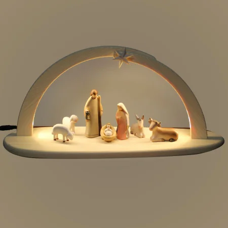 Crèche en bois de 22 cm et 9 pièces éclairage LED