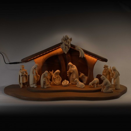 Wooden Nativity Scene, 13cm, 19 pieces, LED lighting.