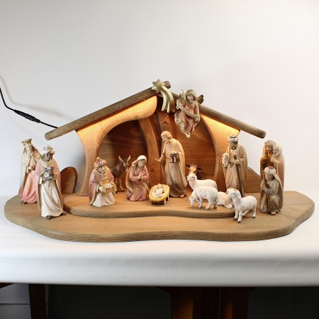 Wooden Nativity Scene, 13cm, 19 pieces, LED lighting.