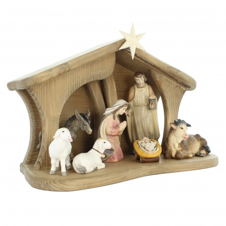 Wooden Nativity Scene, 15 cm, 9 pieces, LED lighting