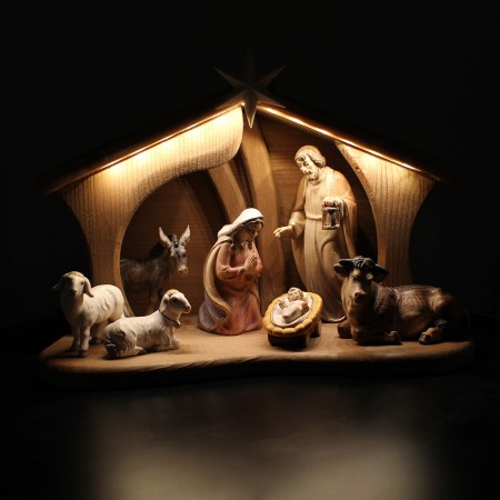 Crèche en bois de 15 cm et 9 pièces éclairage LED