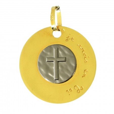 Médaille en or 18 carats avec croix gravée "je crois en Toi" 18mm
