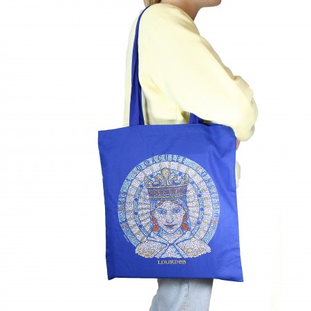 Borsa tote in mosaico blu della Madonna di Lourdes