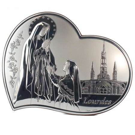 Cadre en forme de coeur de l'Apparition de Lourdes en métal argenté 21x17cm