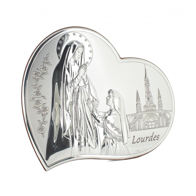 Cornice a forma di cuore dell'Apparizione di Lourdes in metallo argentato 21x17cm