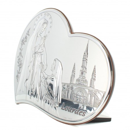 Cornice a forma di cuore dell'Apparizione di Lourdes in metallo argentato 21x17cm
