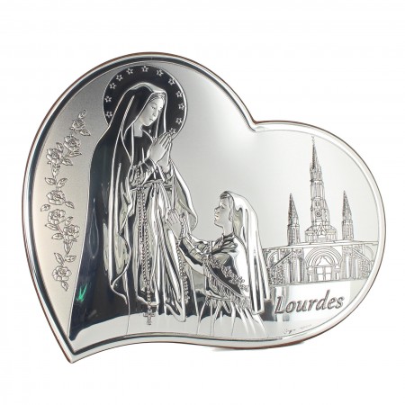 Heart-shaped frame of the Apparition of Lourdes in silver-plated metal 21x17cm