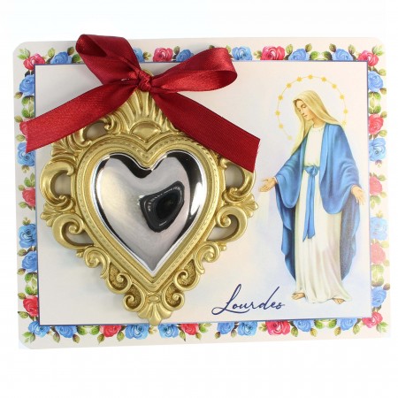 Carte de l'Apparition de Lourdes et son pendentif Ex Voto doré 12x10 cm