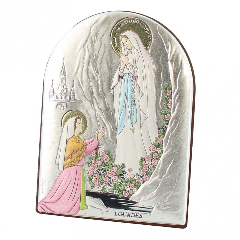 Silver and coloured metal frame of the Apparition of Lourdes 10x7cm