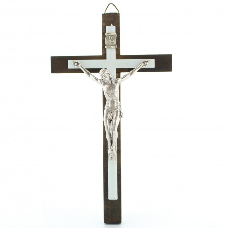 Croce di Cristo in legno e metallo argentato 16 cm