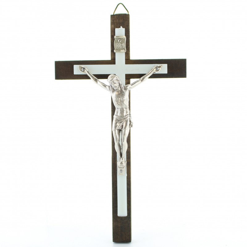 Wooden and silver plated metal Cross of Christ 16cm