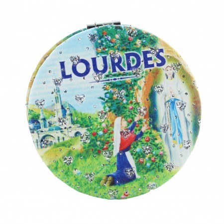 Miroir apparition de Lourdes rond avec strass coloré 6,5x6,5cm